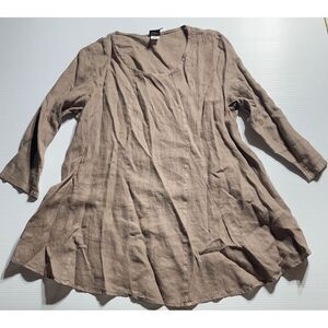 Match Point Linen Long Sleeve Flowy Tunic Dress Taupe Brown‎ Boho Style M